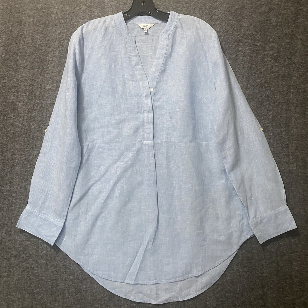 Crown & Ivy Linen Top Womens M Blue Embroidered Popover Roll Tab Beachy Coastal
